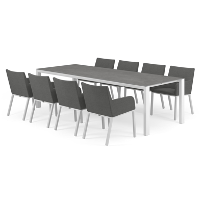 Trente tuinset in wit aluminium en grijs volkeramiek tafelblad met 8 Rivo tuinstoelen