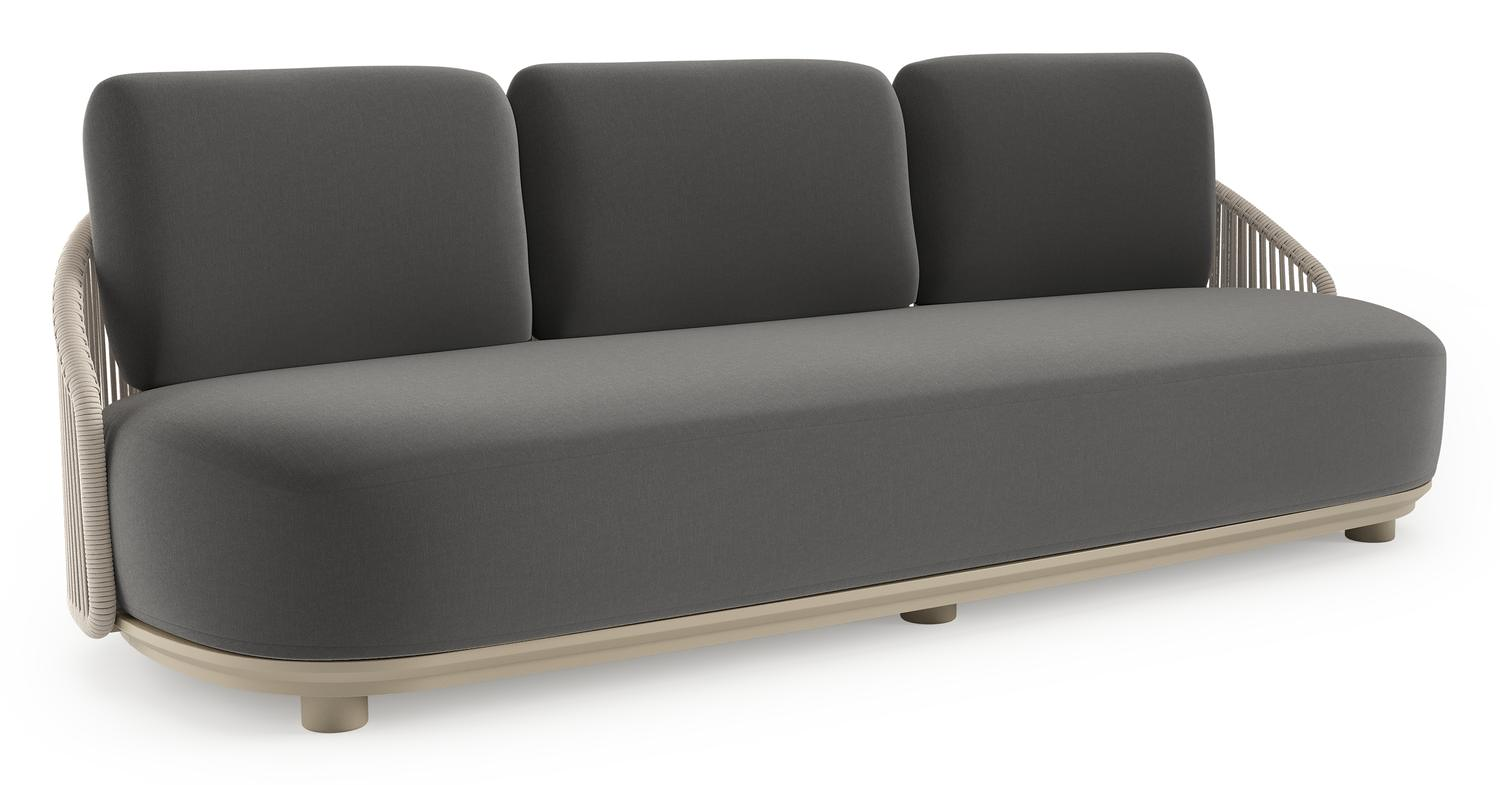 Canapé de jardin Vadelo en aluminium beige et corde ronde tissée verticalement beige et coussins en all weather sunbrella® luxe natte charcoal chine