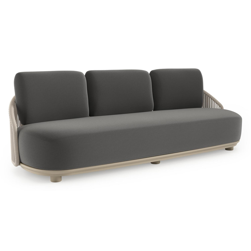 Canapé de jardin Vadelo en aluminium beige et corde ronde tissée verticalement beige et coussins en all weather sunbrella® luxe natte charcoal chine