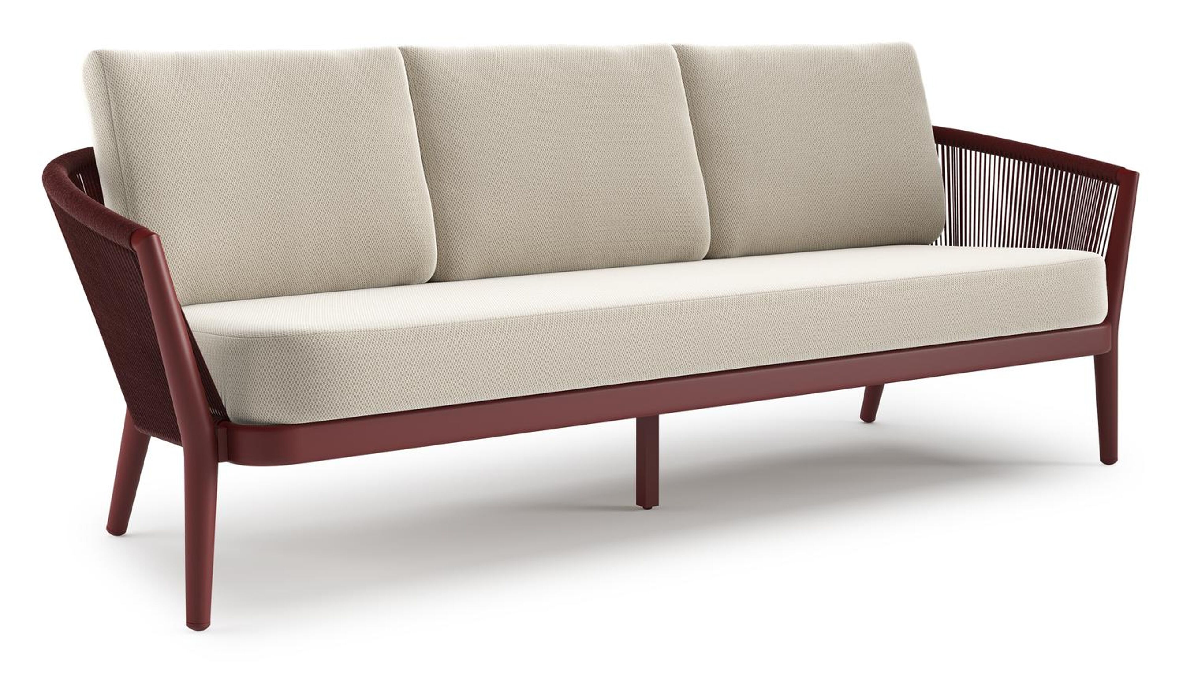 Canapé de jardin Orso en aluminium ruby en corde ronde tissée verticalement ruby et coussins en all weather sunbrella® luxe Lopi Marble