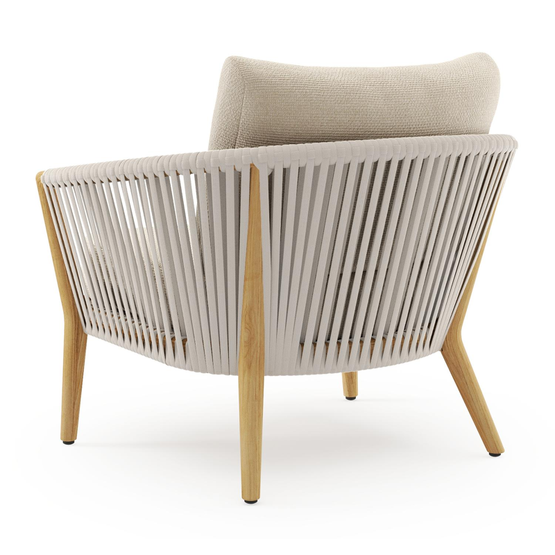 Orso loungestoel in teak en beige verticaal geweven luxe vlakke rope met Althea Chalk all weather cosytica kussen