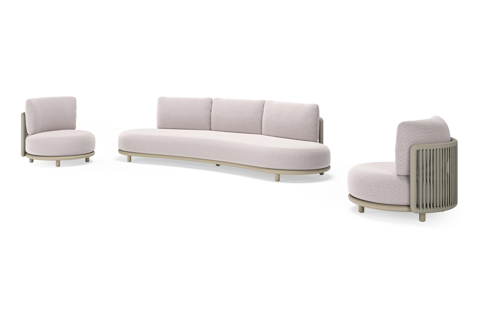 Lomano loungeset in beige aluminium en beige verticaal geweven luxe vlakke rope met Wander Gobi all weather sunbrellaÂ® luxe