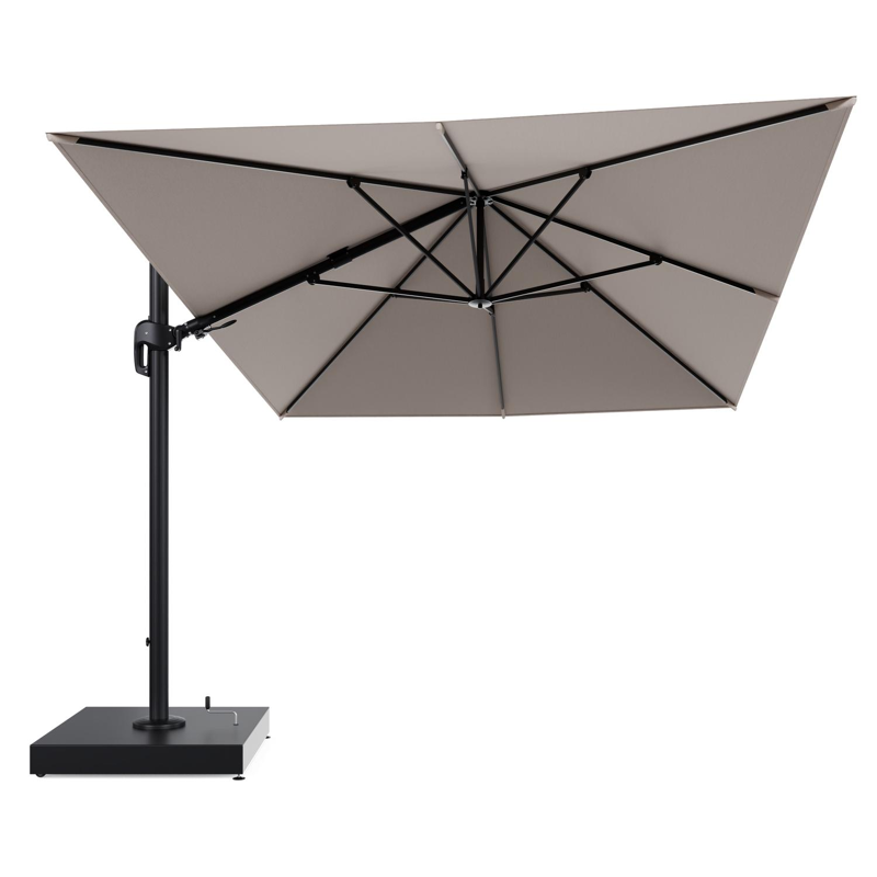 Rufina zweefparasol met tiltfunctie in zwart aluminium en Wander Pilat All Weather Sunbrella® Luxe parasoldoek - L1 400 x L2 300 cm met parasolvoet Minore 260 kg met wielen