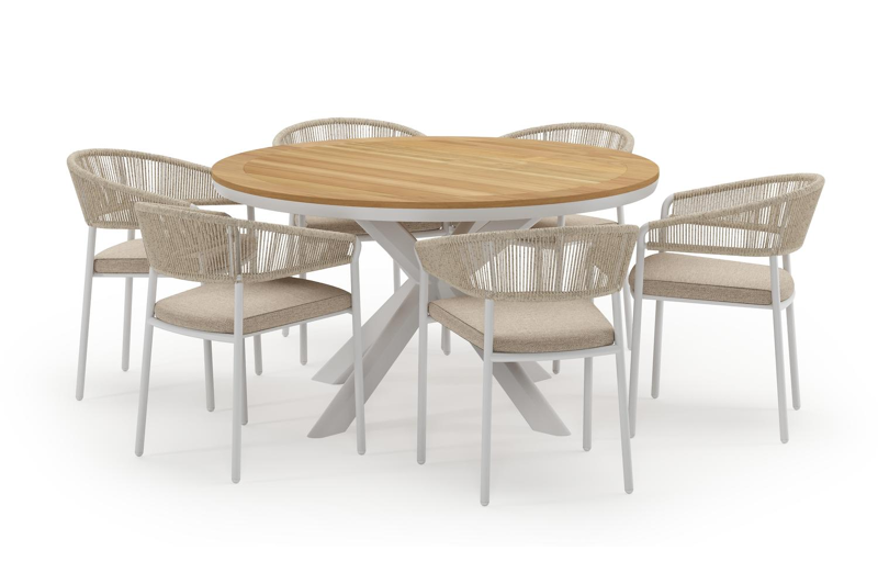 Pamplona ronde tuinset in wit aluminium en teak naturel met 6 Zamora tuinstoelen