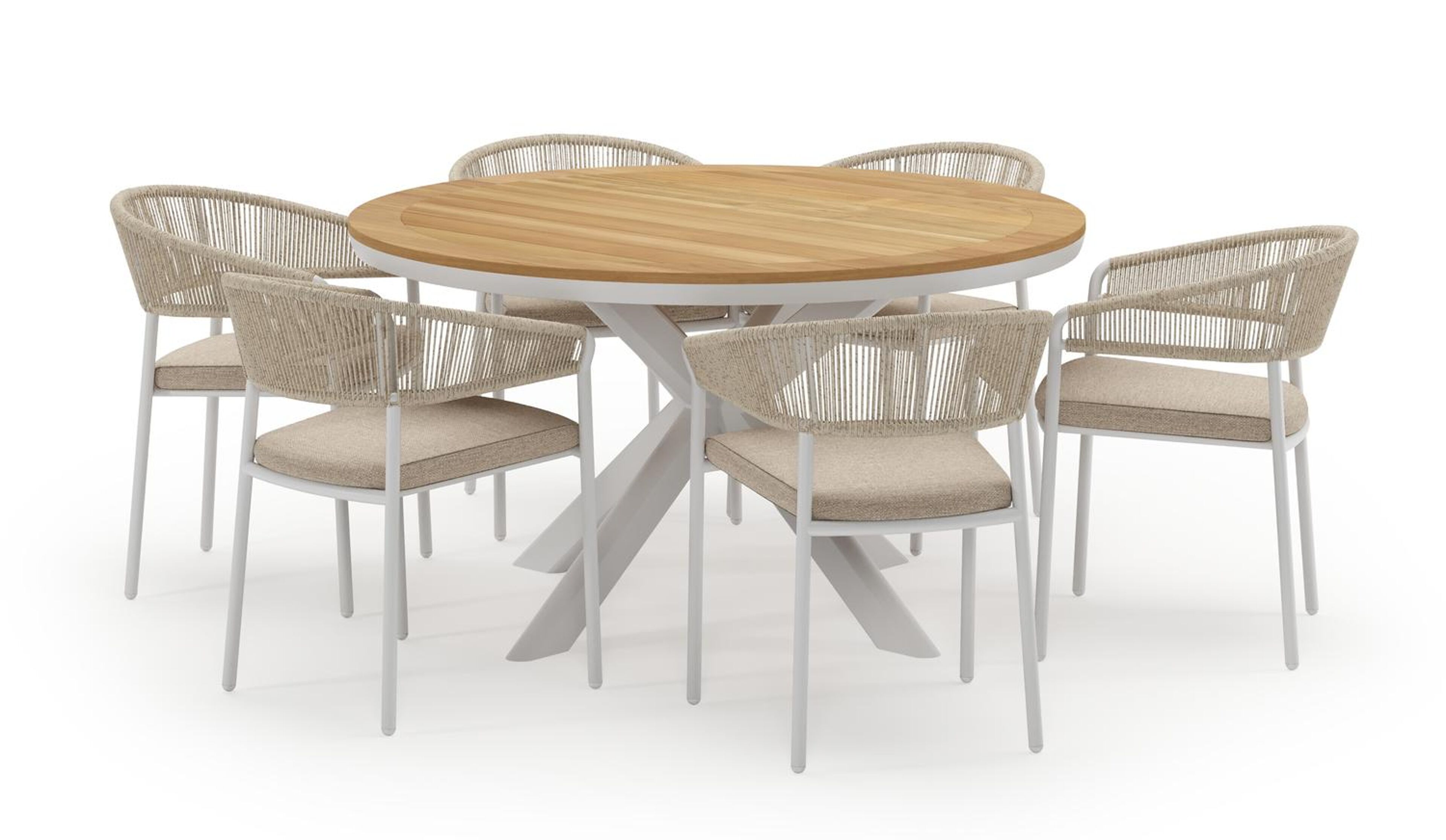 Pamplona ronde tuinset in wit aluminium en teak naturel met 6 Zamora tuinstoelen