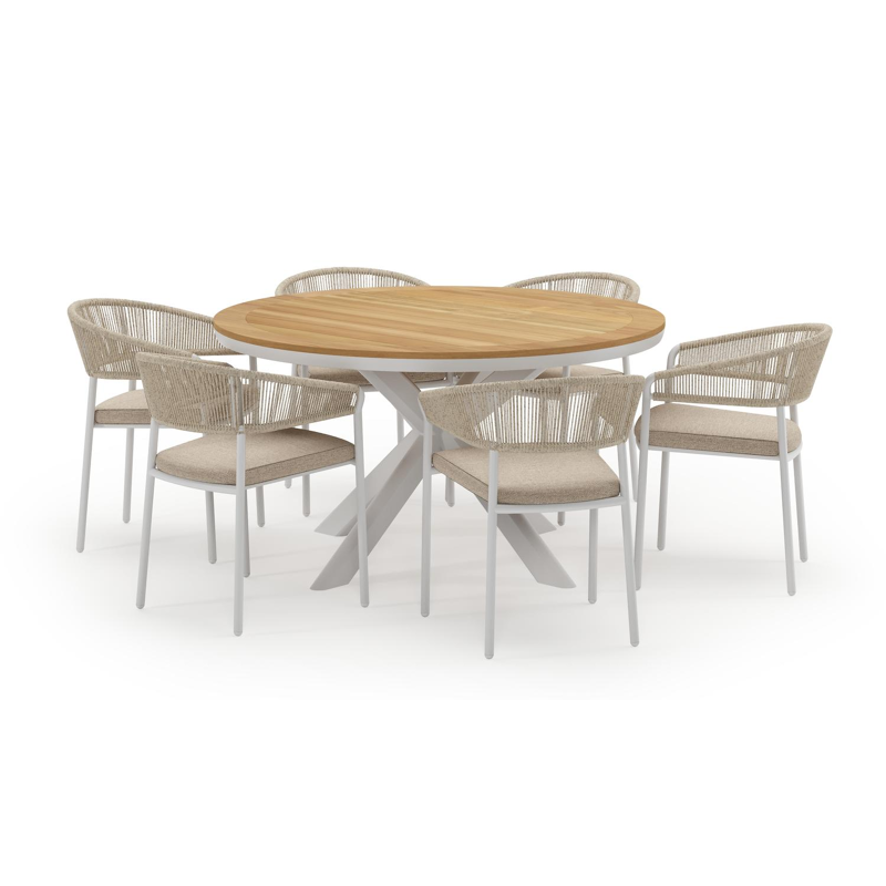 Pamplona ensemble de jardin ronde en aluminium blanc en teck naturel avec 6 chaises de jardin Zamora
