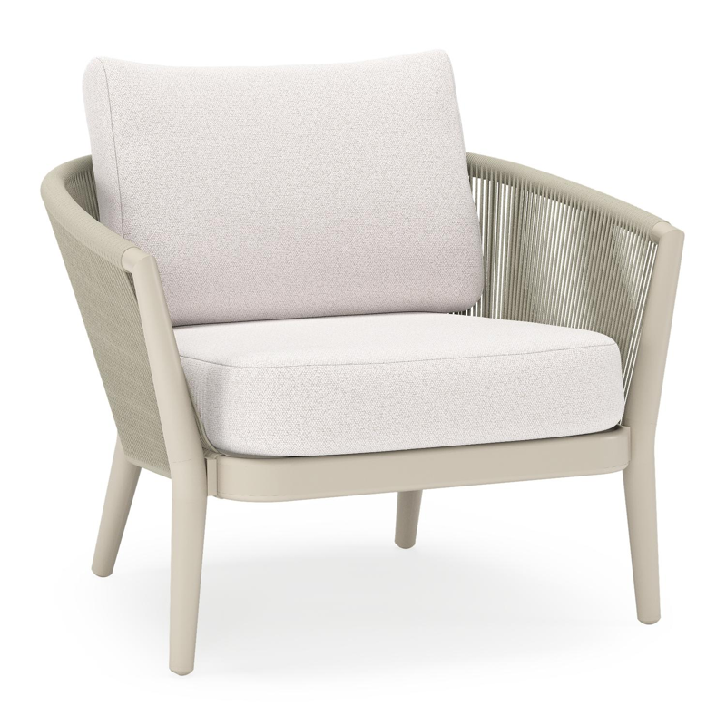 Fauteuil de jardin Orso en aluminium beige en corde ronde tissée verticalement beige et coussins en all weather solica Ego Eggshell