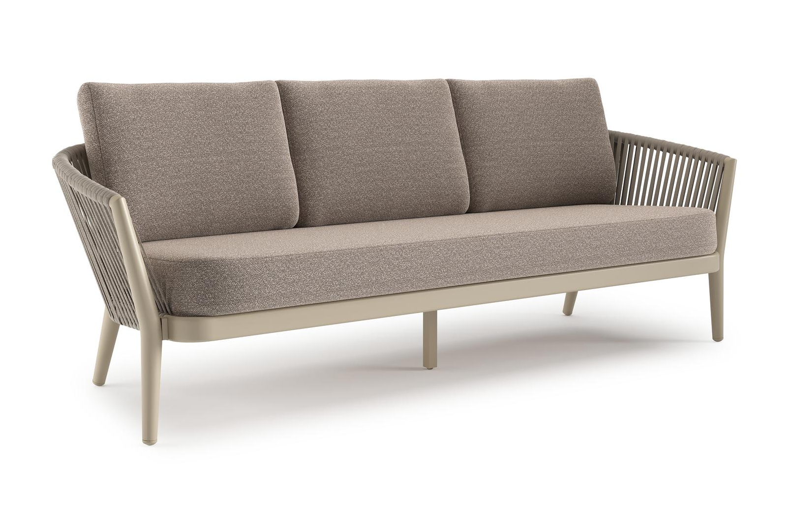 Orso loungebank in beige aluminium en beige verticaal geweven luxe vlakke rope met Wander Manioc all weather sunbrella® luxe kussen