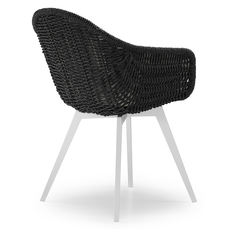 Pagino tuinstoel in wit aluminium en zwart ronde wicker met zitkussen in All Weather Sunbrella® Luxe Savane Nimbus