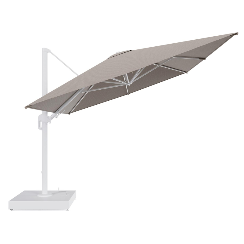 Rufina zweefparasol met tiltfunctie in wit aluminium en Firenze Earth All Weather Solica parasoldoek - L1 400 x L2 300 cm met parasolvoet Minore 260 kg met wielen