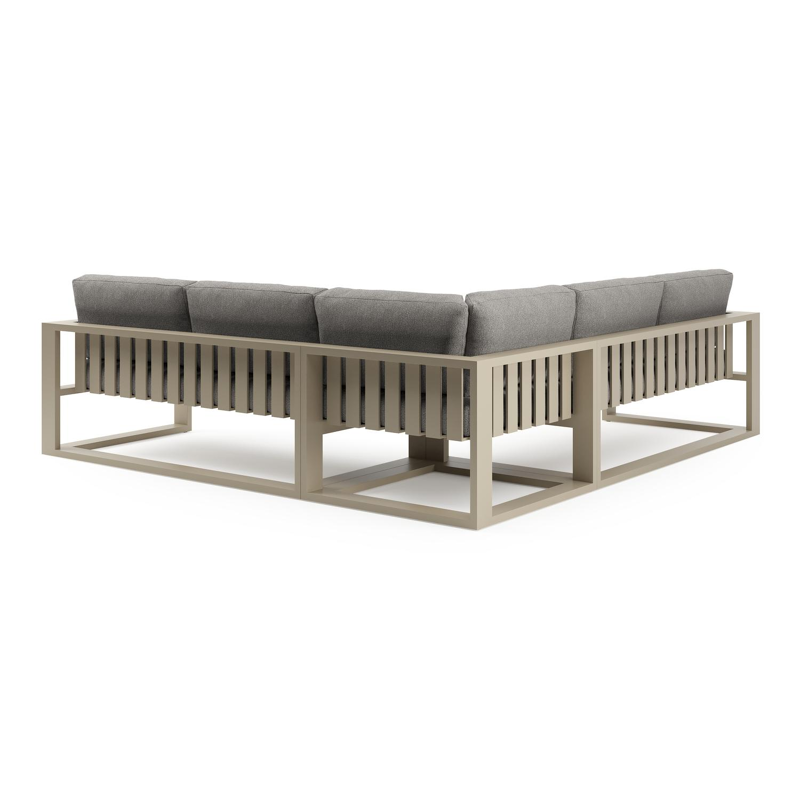 Verato loungehoek in beige aluminium met tundra charcoal all weather sunbrella® luxe kussen