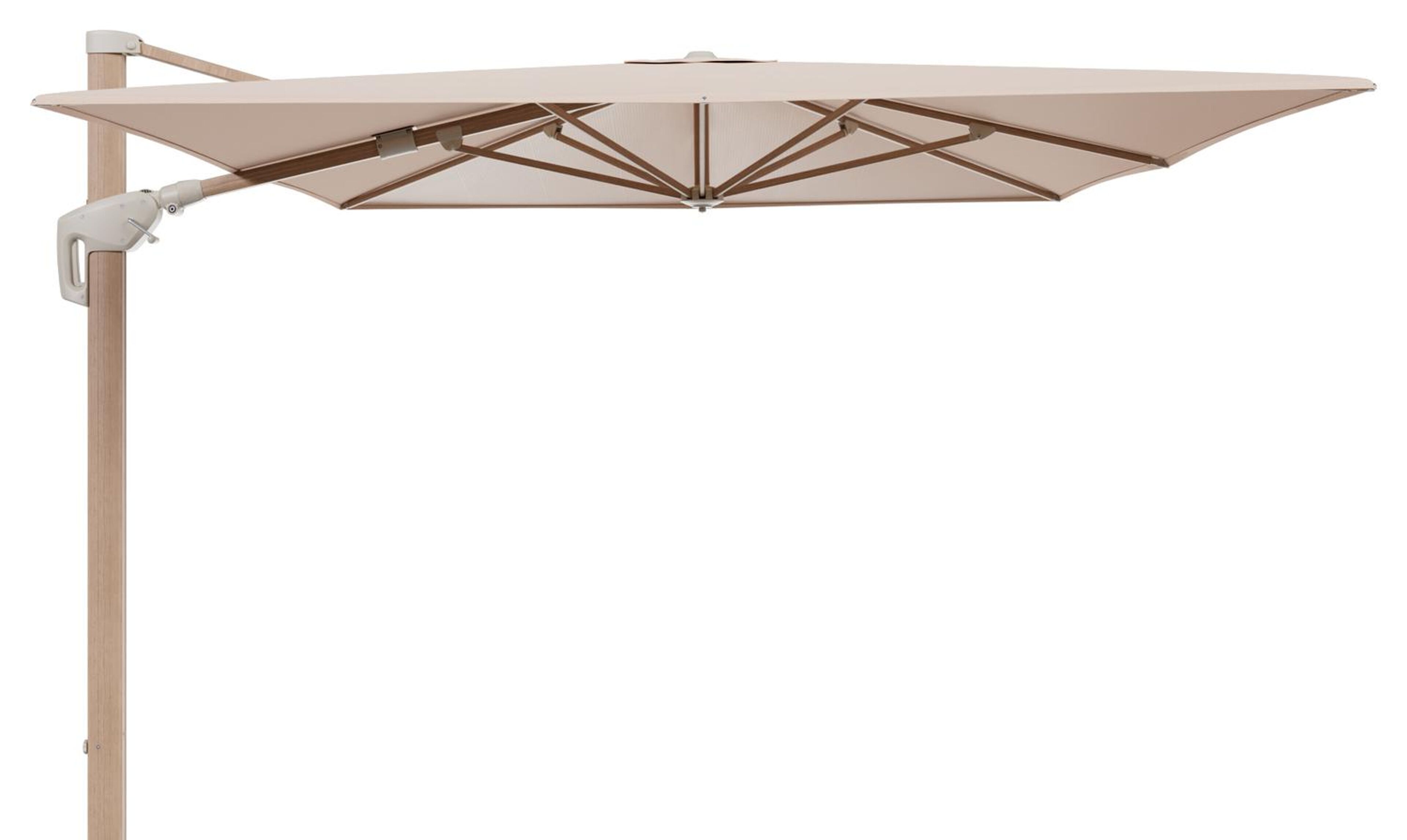 Minore zweefparasol met tiltfunctie in houtlook aluminium en Natte Linen Chalk All Weather Sunbrella® Luxe parasoldoek - L1 400 x L2 300 cm (zonder voet)