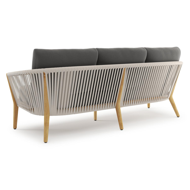 Orso loungebank in teak en beige verticaal geweven luxe vlakke rope met Natte Charcoal Chine all weather sunbrella® luxe kussen