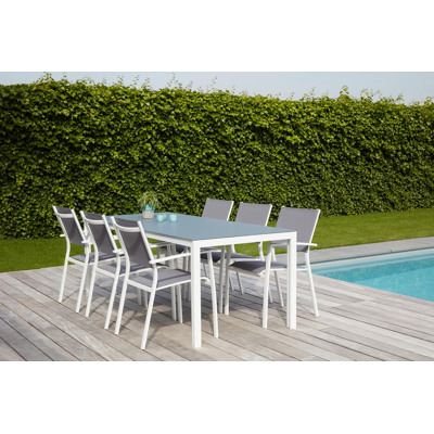 Table de jardin Caldela en aluminium blanc et verre gris - Lg 200 x Larg. 90 x H 75 cm
