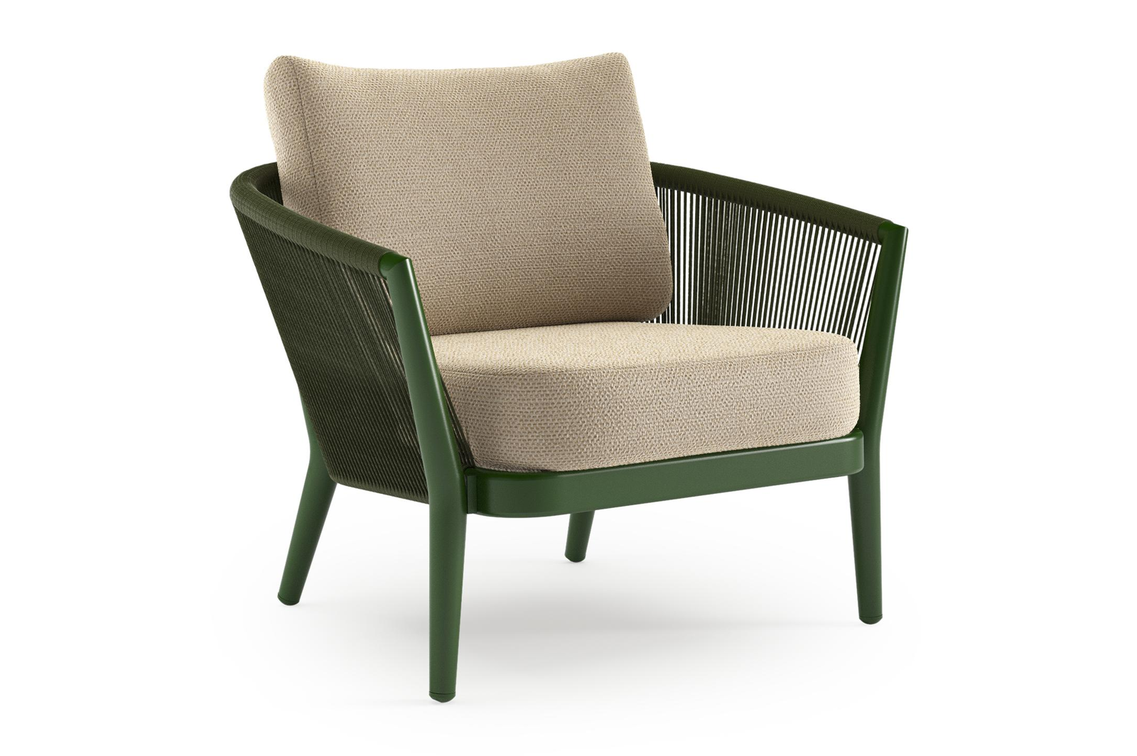 Orso loungestoel in groen aluminium en groen verticaal geweven ronde rope met Althea Camel all weather cosytica kussen