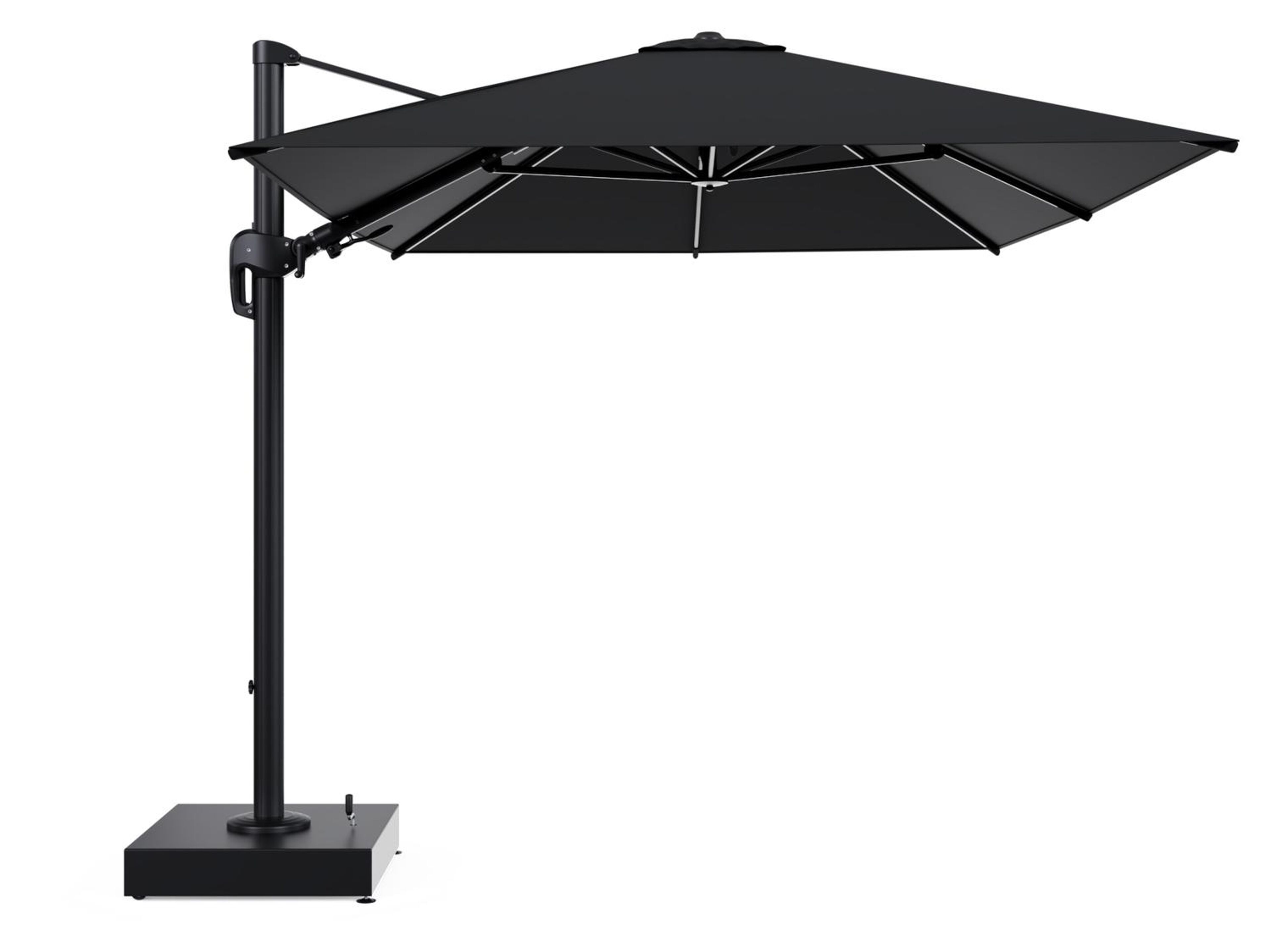 Rufina zweefparasol met tiltfunctie in zwart aluminium en zwart All Weather Sunbrella® Premium parasoldoek - L1 350 x L2 250 cm met parasolvoet Minore 150 kg met wielen