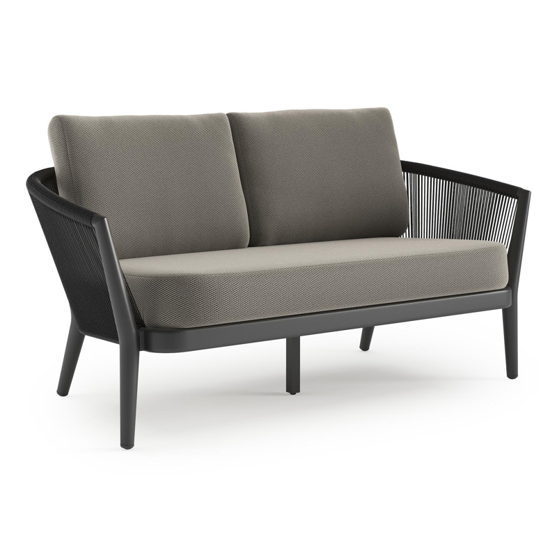 Orso loungebank in zwart aluminium en zwart verticaal geweven ronde rope met Lopi Charcoal all weather sunbrella® luxe kussen