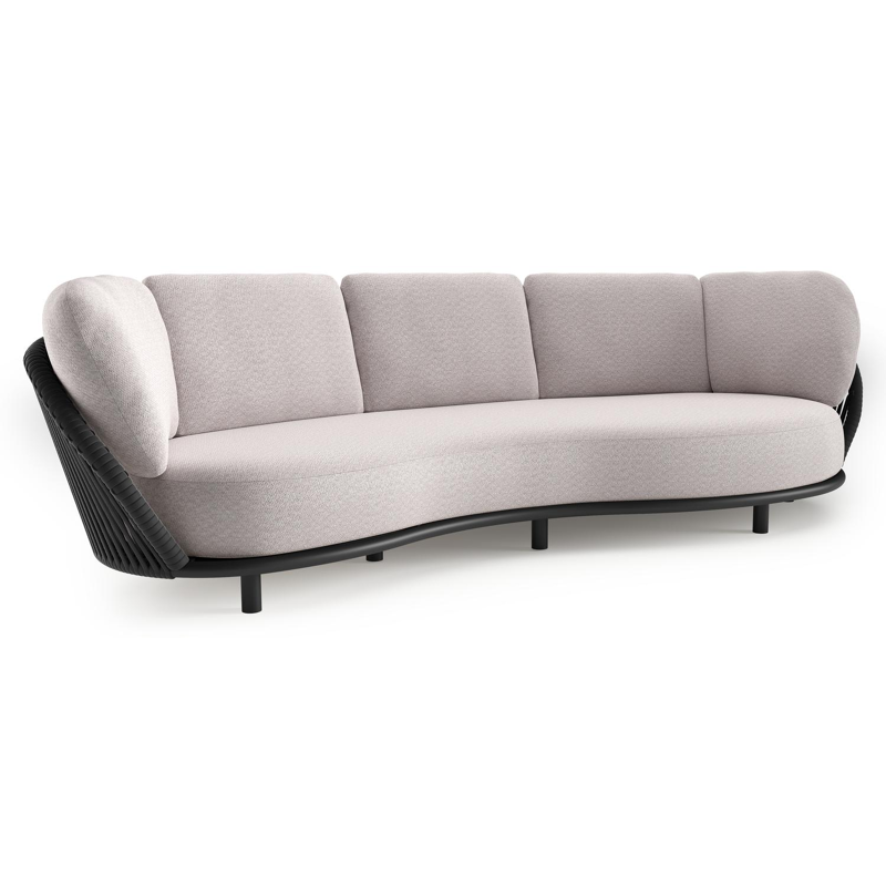 Lupino loungebank in zwart aluminium en zwart verticaal geweven luxe vlakke brede rope met wander gobi all weather sunbrella® luxe kussen