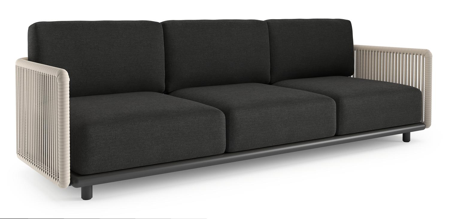 Organo loungebank 3-zit in zwart aluminium en beige verticaal geweven luxe vlakke rope met chartres sooty all weather sunbrella® luxe kussen