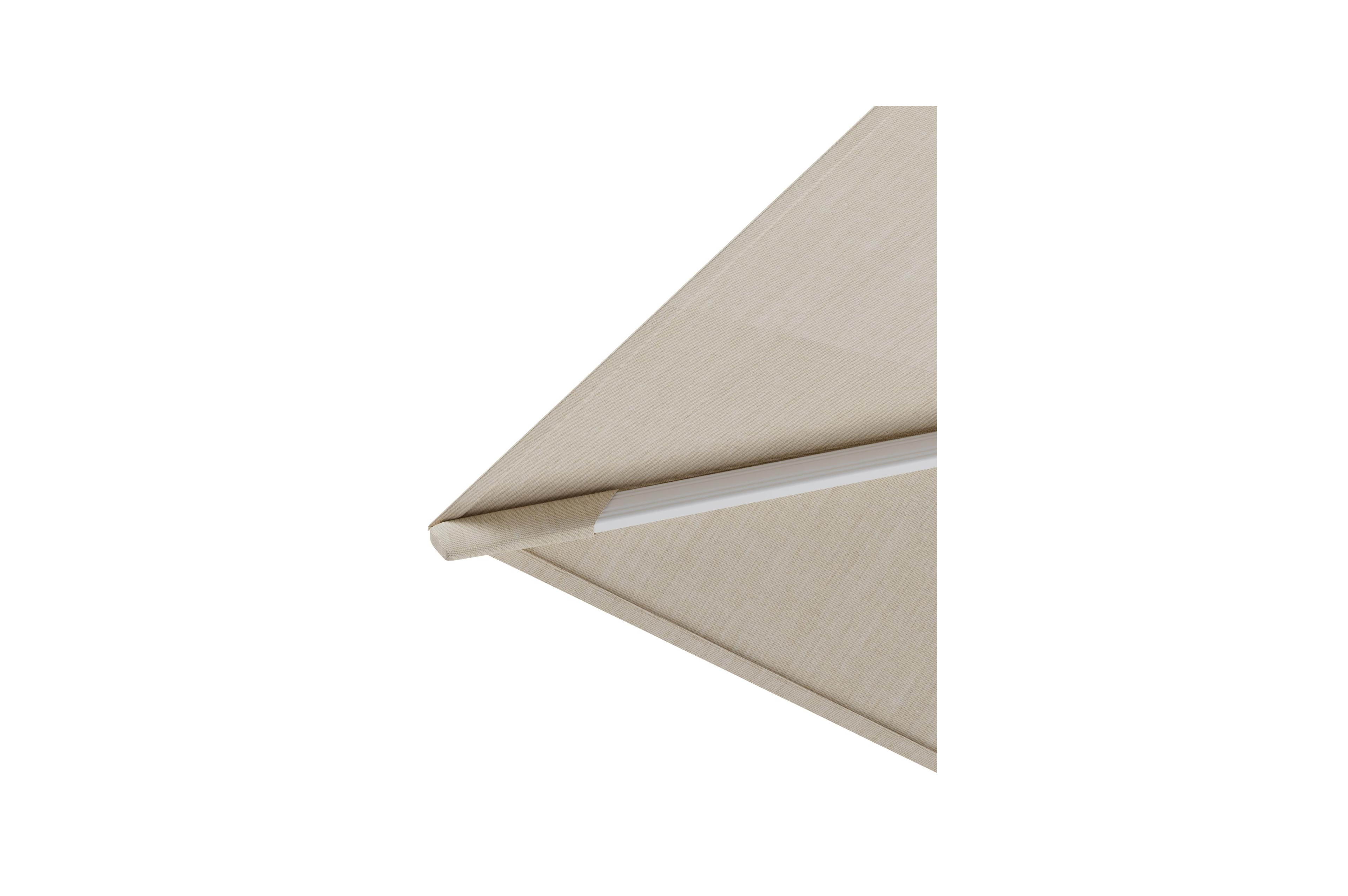 Rufina zweefparasol met tiltfunctie in wit aluminium met beige all weather sunbrella® premium parasoldoek - L1 350 x L2 250 cm met parasolvoet Lapido 120 kg