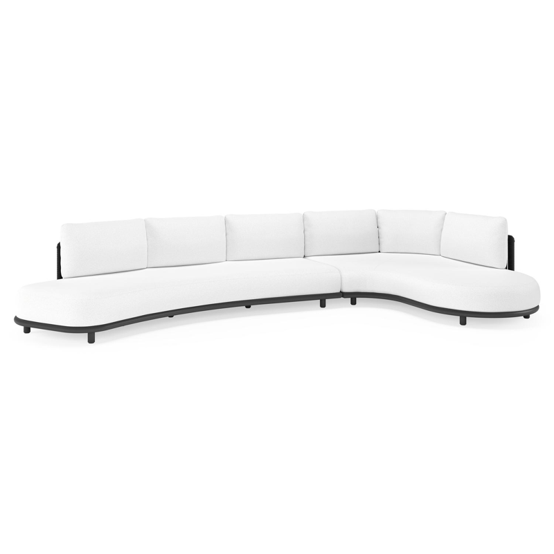 Salon de jardin d'angle Lomano en aluminium noir et corde luxe plate tissée verticalement noir et coussins en all weather solica ego birch