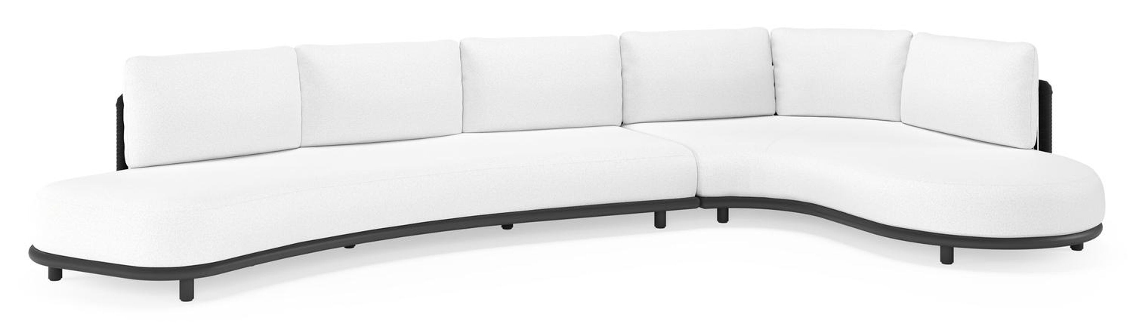 Lomano loungehoek in zwart aluminium en zwart verticaal geweven luxe vlakke rope met ego birch all weather solica kussen