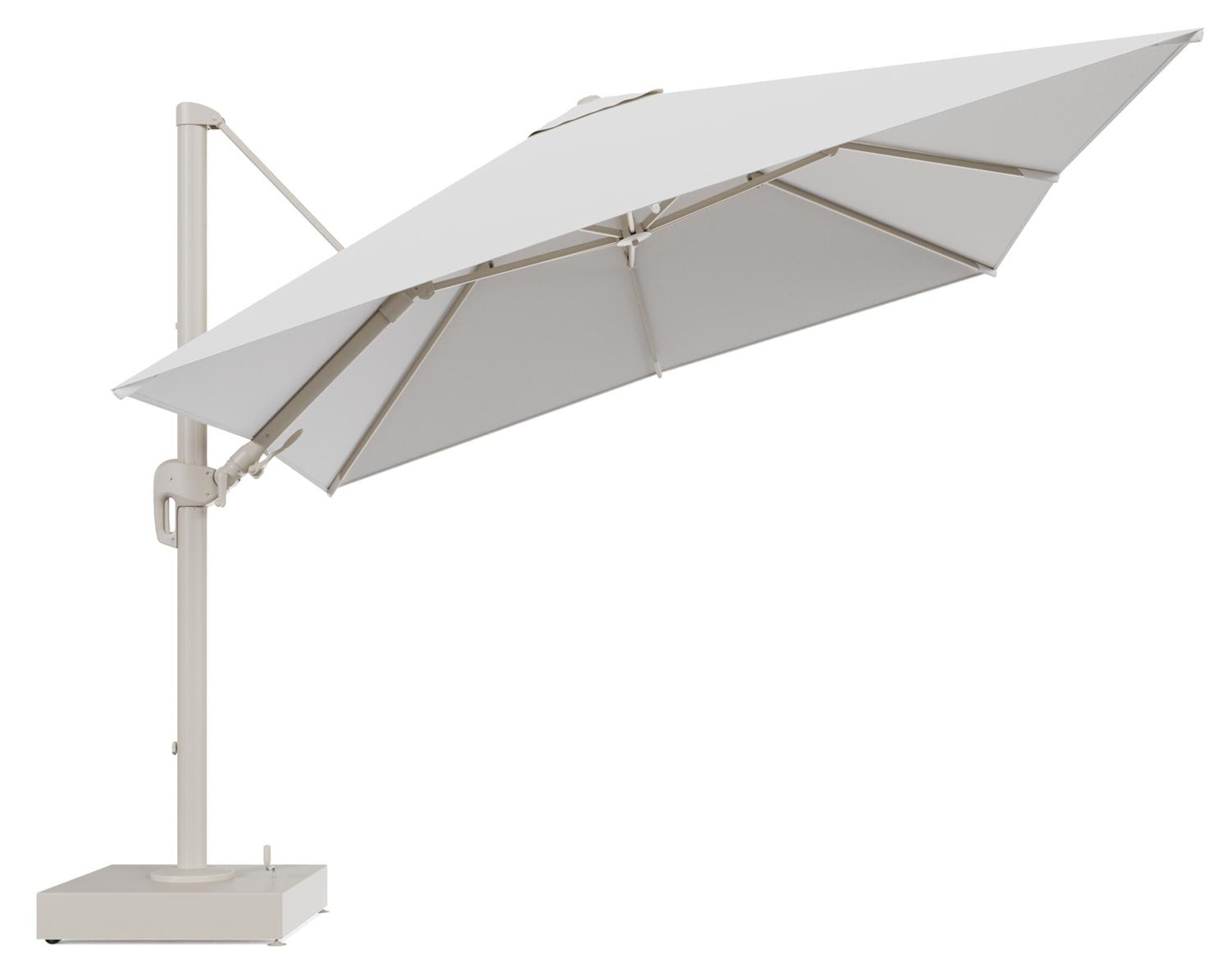 Rufina zweefparasol met tiltfunctie in beige aluminium en Soul Optik All Weather Solica parasoldoek - L1 300 x L2 300 cm met parasolvoet Minore 150 kg met wielen