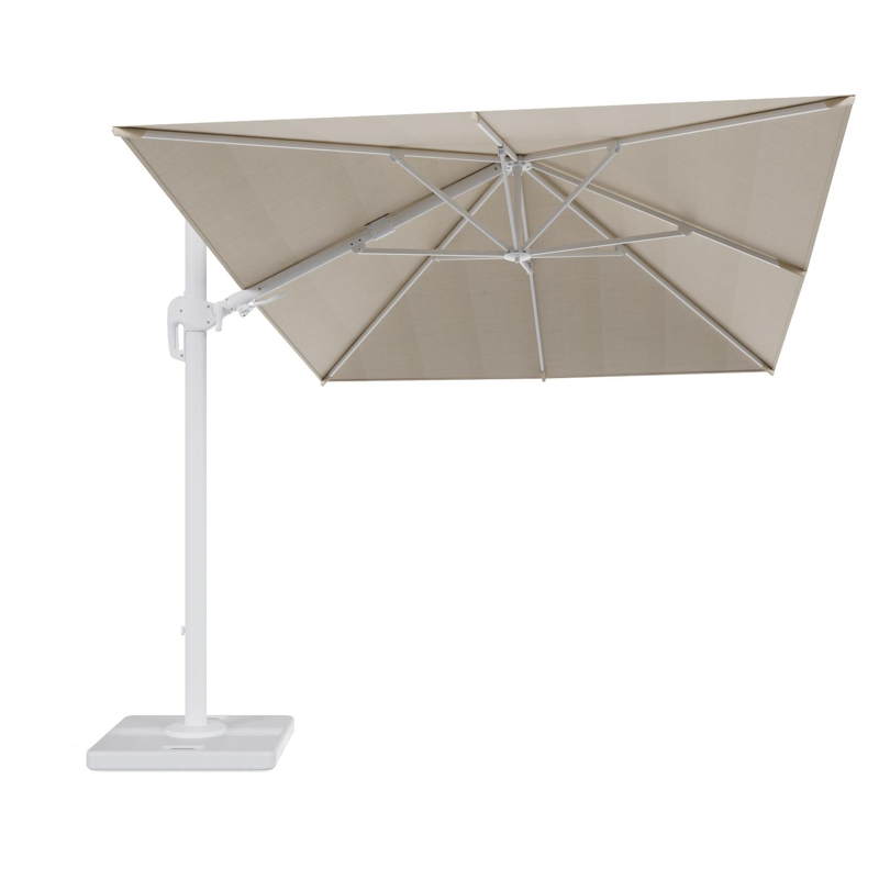 Rufina zweefparasol met tiltfunctie in wit aluminium met beige all weather sunbrella® premium parasoldoek - L1 350 x L2 250 cm met parasolvoet Lapido 120 kg
