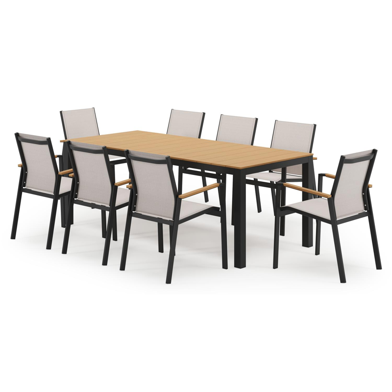 Ensemble de jardin Toma en aluminium noir et polywood avec 8 chaises de jardin empilable Bahia