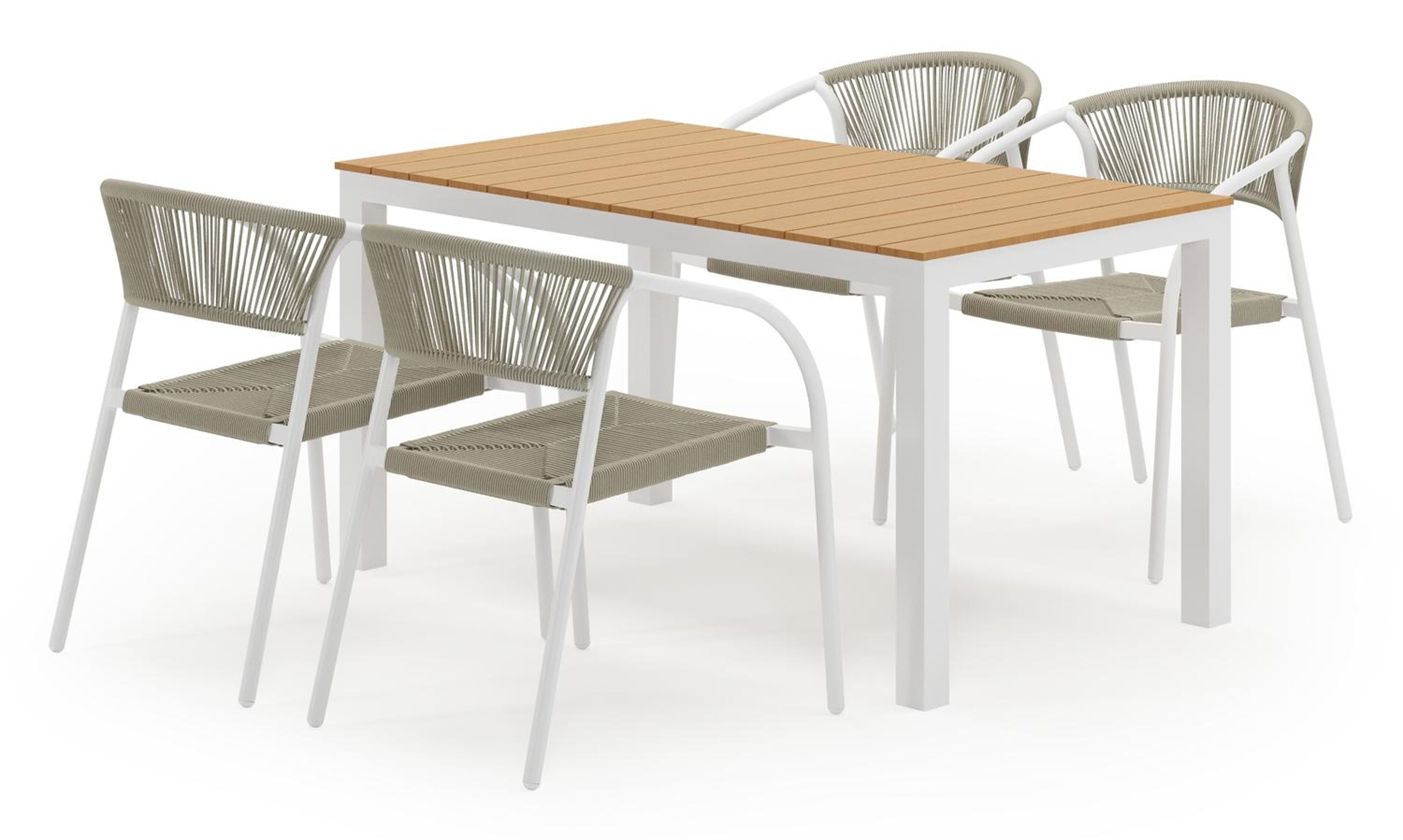 Toma tuinset in wit aluminium en polywood met 4 stapelbare Melo tuinstoelen