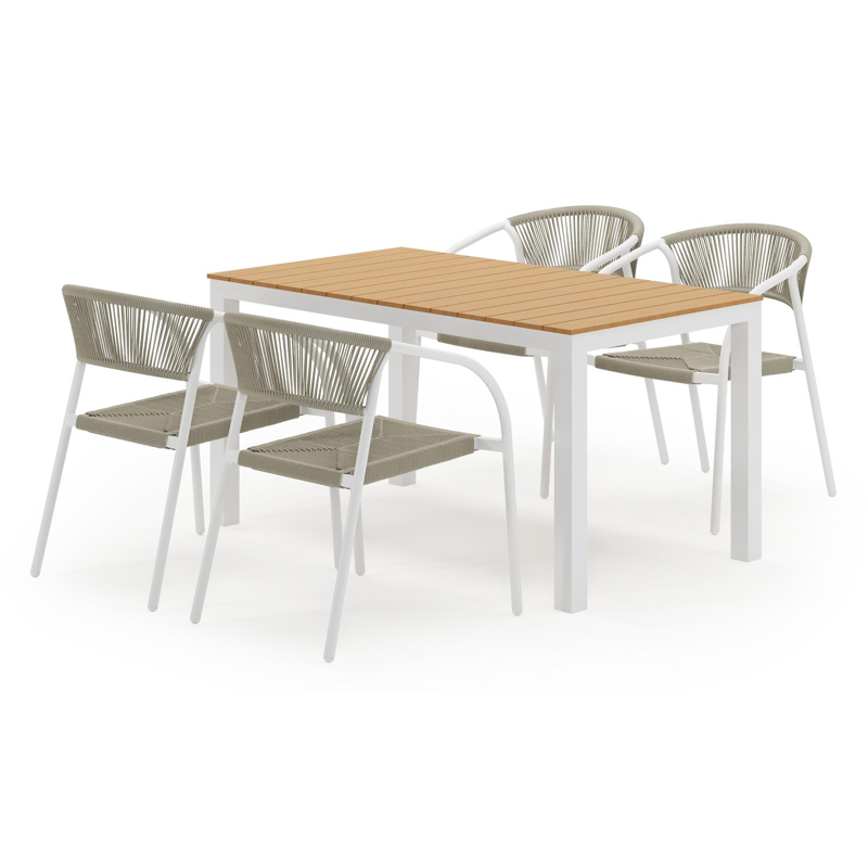 Toma tuinset in wit aluminium en polywood met 4 stapelbare Melo tuinstoelen