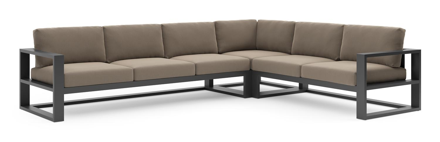 Verato loungehoek in zwart aluminium met natte heather grey all weather sunbrella® luxe kussen