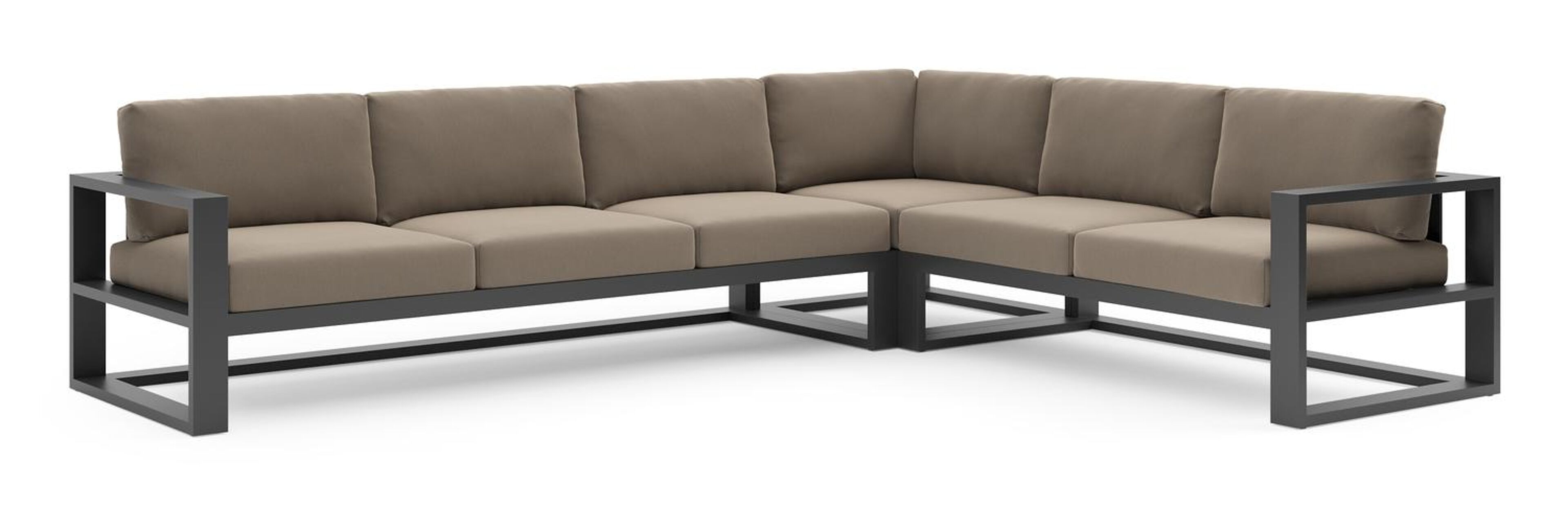 Salon de jardin d'angle Verato en aluminium noir et coussins en all weather sunbrella® luxe natte heather grey