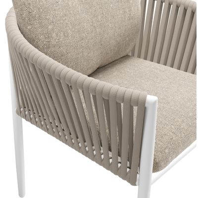 Chaise de jardin Organo en aluminium blanc et corde luxe plate tissée verticalement beige avec coussin en All Weather Sunbrella® Luxe Chartres Pewter