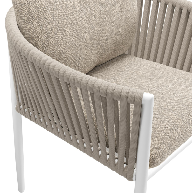 Chaise de jardin Organo en aluminium blanc et corde luxe plate tissée verticalement beige avec coussin en All Weather Sunbrella® Luxe Chartres Pewter
