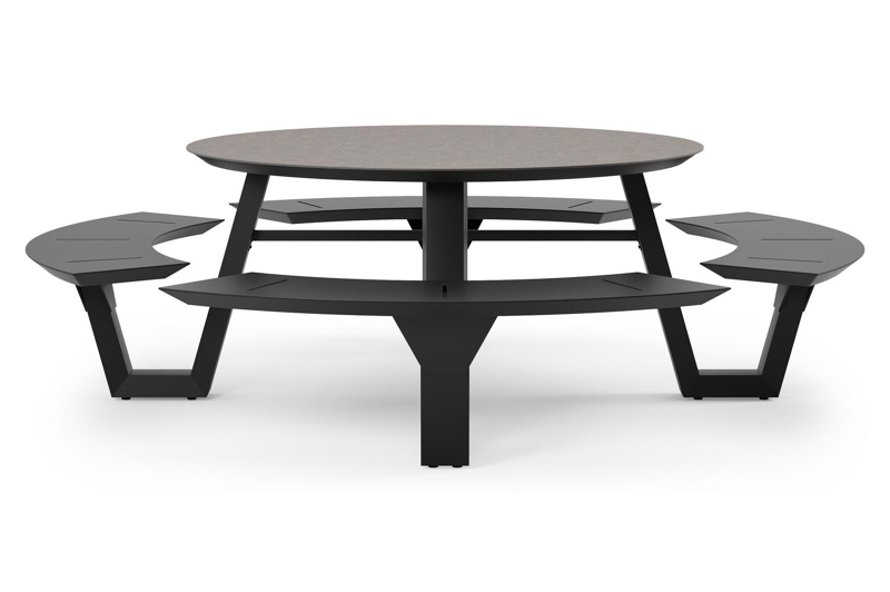 Rondino picknicktafel in zwart aluminium en volkeramiek wulong tafelblad - Dia. 148 x H 71.5 cm