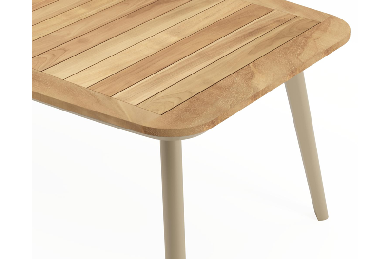 Mosa bootvormige tuinset in beige aluminium en teak natural finish met 6 Matera tuinstoelen