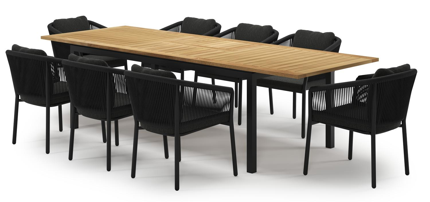 Amalfi uitschuifbare tuinset in zwart aluminium en teak met 8 Gerona tuinstoelen
