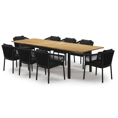Ensemble de jardin Amalfi extensible en aluminium noir et teck avec 8 chaises de jardin Gerona