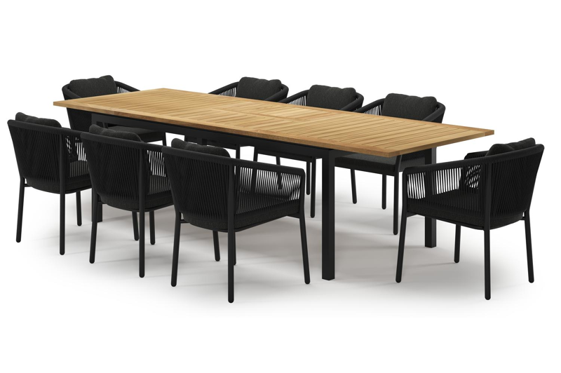 Ensemble de jardin Amalfi extensible en aluminium noir et teck avec 8 chaises de jardin Gerona