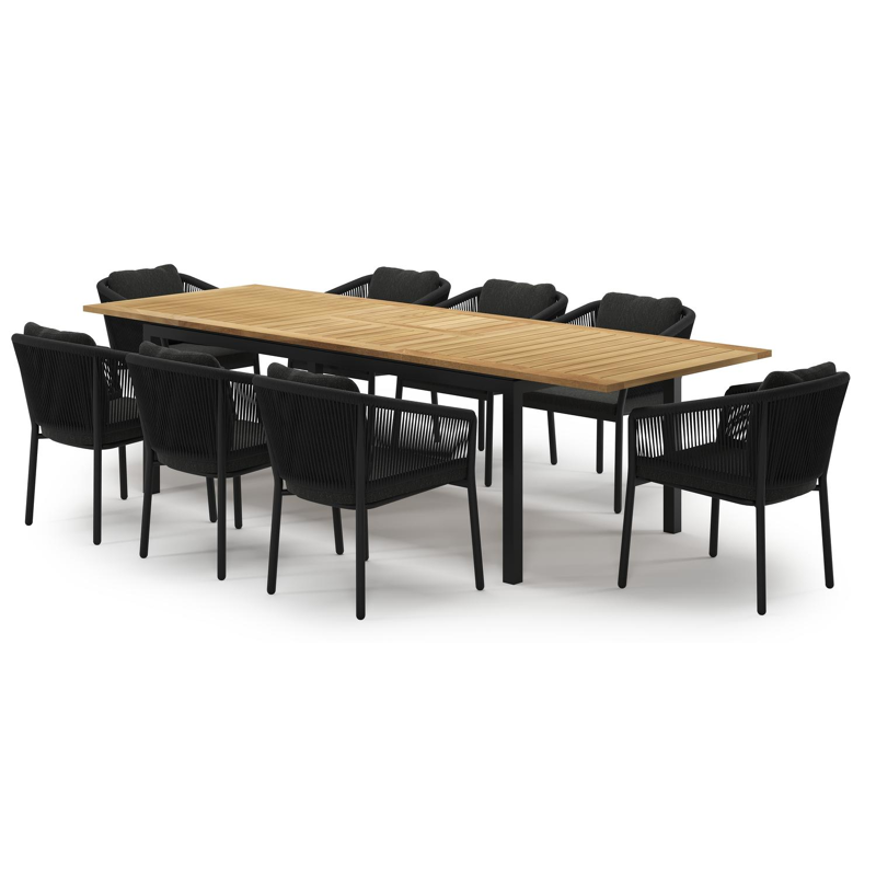 Ensemble de jardin Amalfi extensible en aluminium noir et teck avec 8 chaises de jardin Gerona