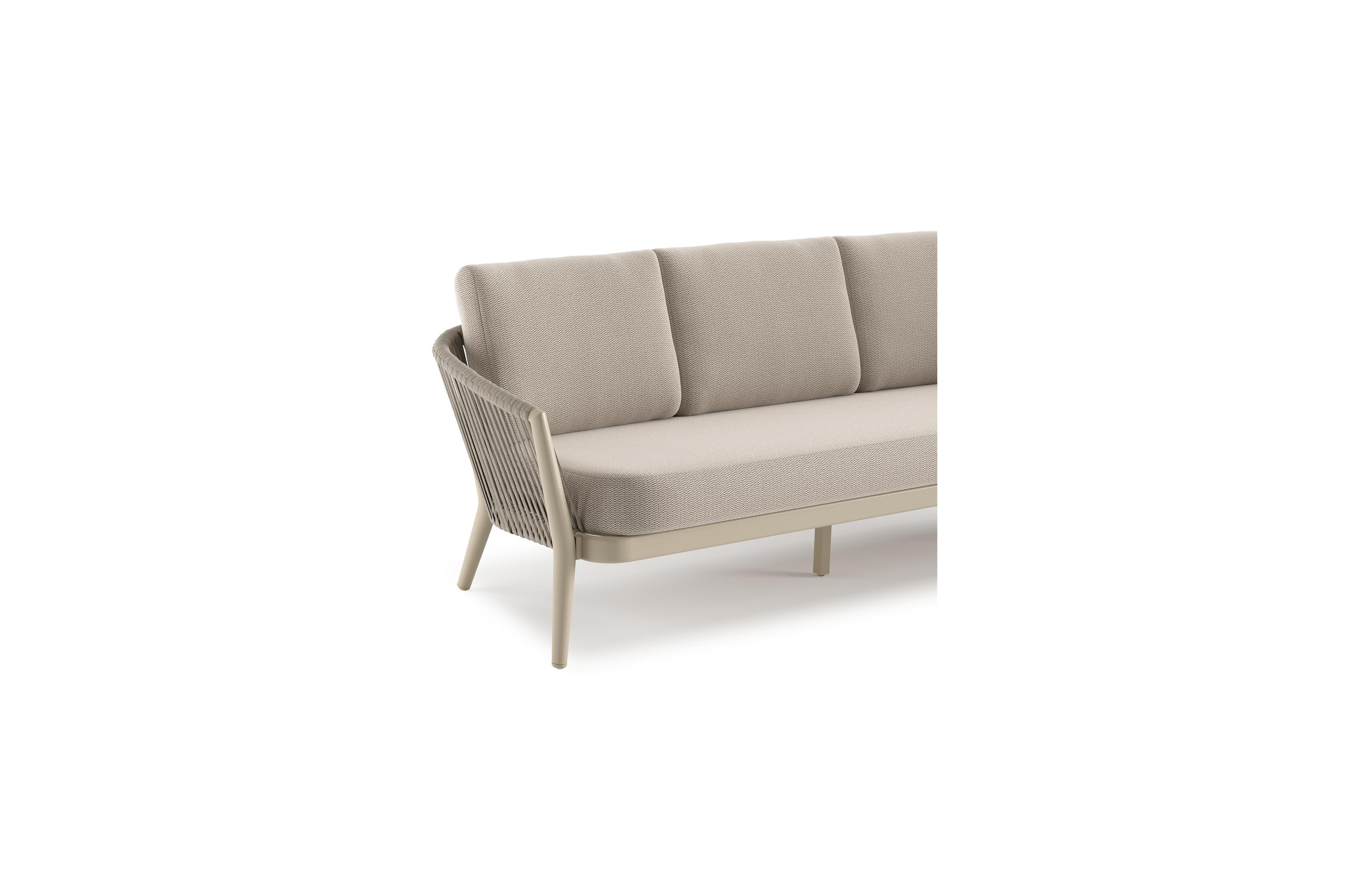 Canapé de jardin Orso en aluminium beige en corde luxe plate tissée verticalement beige et coussins en all weather sunbrella® luxe Lopi Fossil