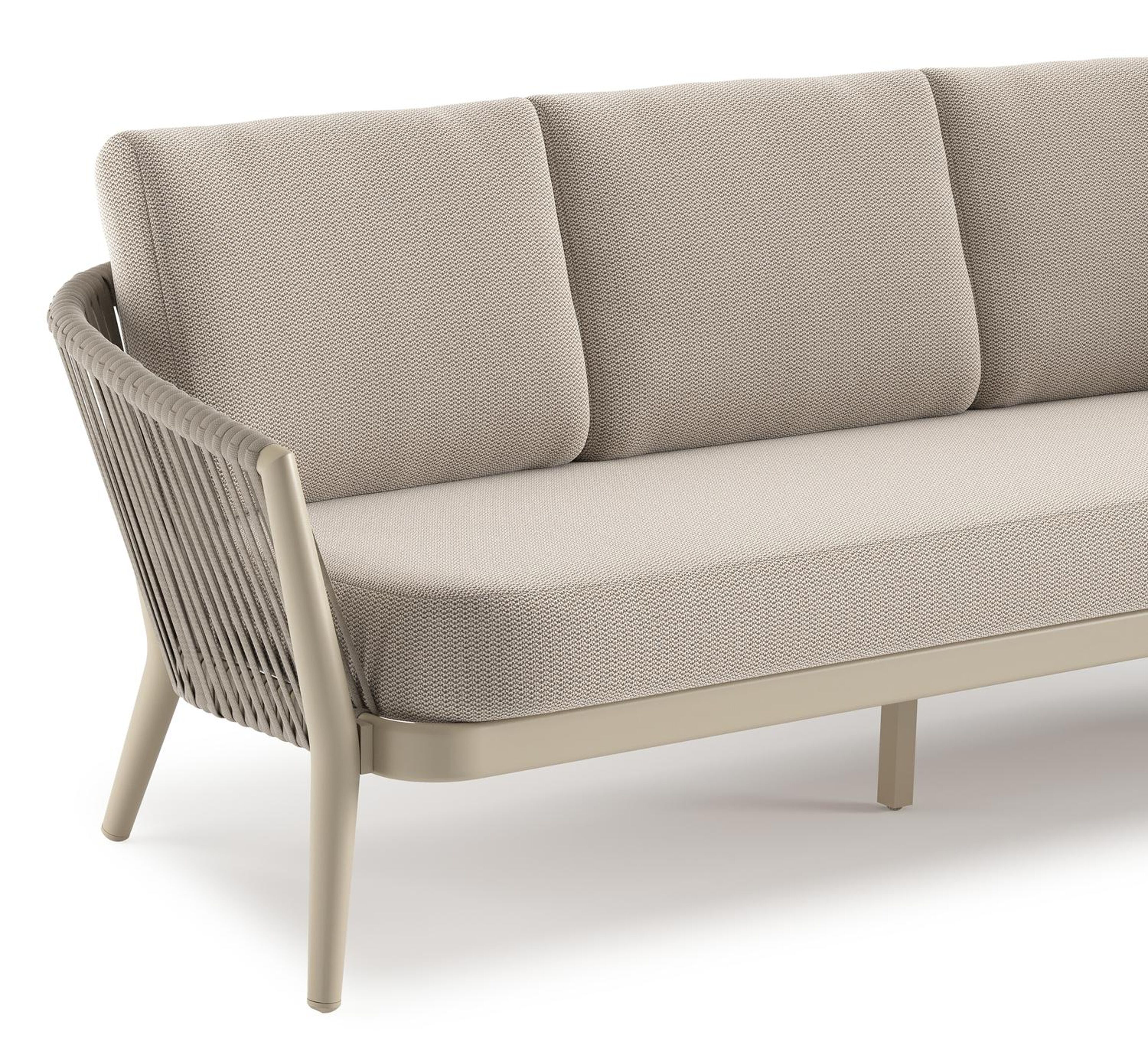 Orso loungebank in beige aluminium en beige verticaal geweven luxe vlakke rope met Lopi Fossil all weather sunbrella® luxe kussen