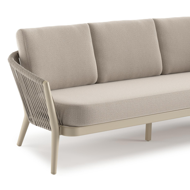 Canapé de jardin Orso en aluminium beige en corde ronde tissée verticalement beige et coussins en all weather sunbrella® luxe Lopi Fossil