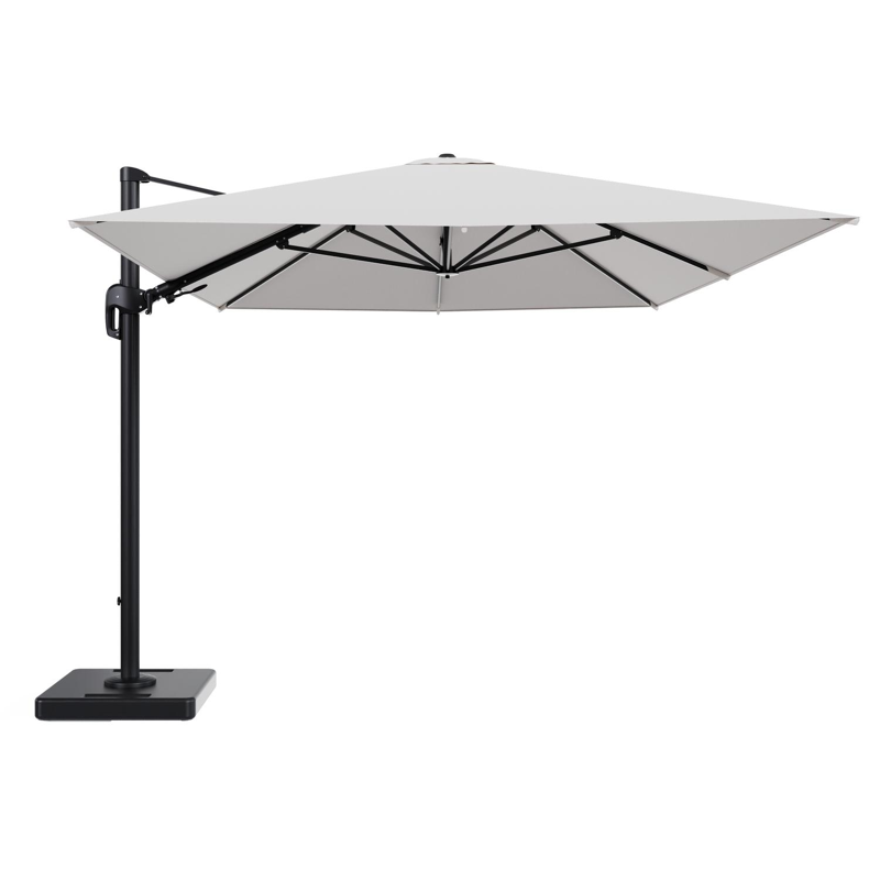 Rufina zweefparasol tiltfunctie in zwart aluminium en parasoldoek in All Weather Solica Ego Eggshell - L1 400 x L2 300 cm met parasolvoet Lapido 160 kg