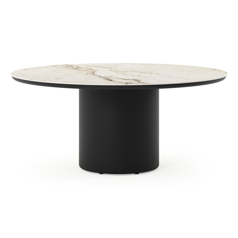 Amico low dining tuintafel rond in zwart aluminium en volkeramiek Colorado Dunes - Dia. 148 x H 61 cm