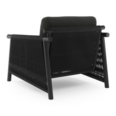 Set van 2 Erla loungestoelen in zwart aluminium en zwart verticaal geweven ronde rope met zwart weather+ softtouch kussens