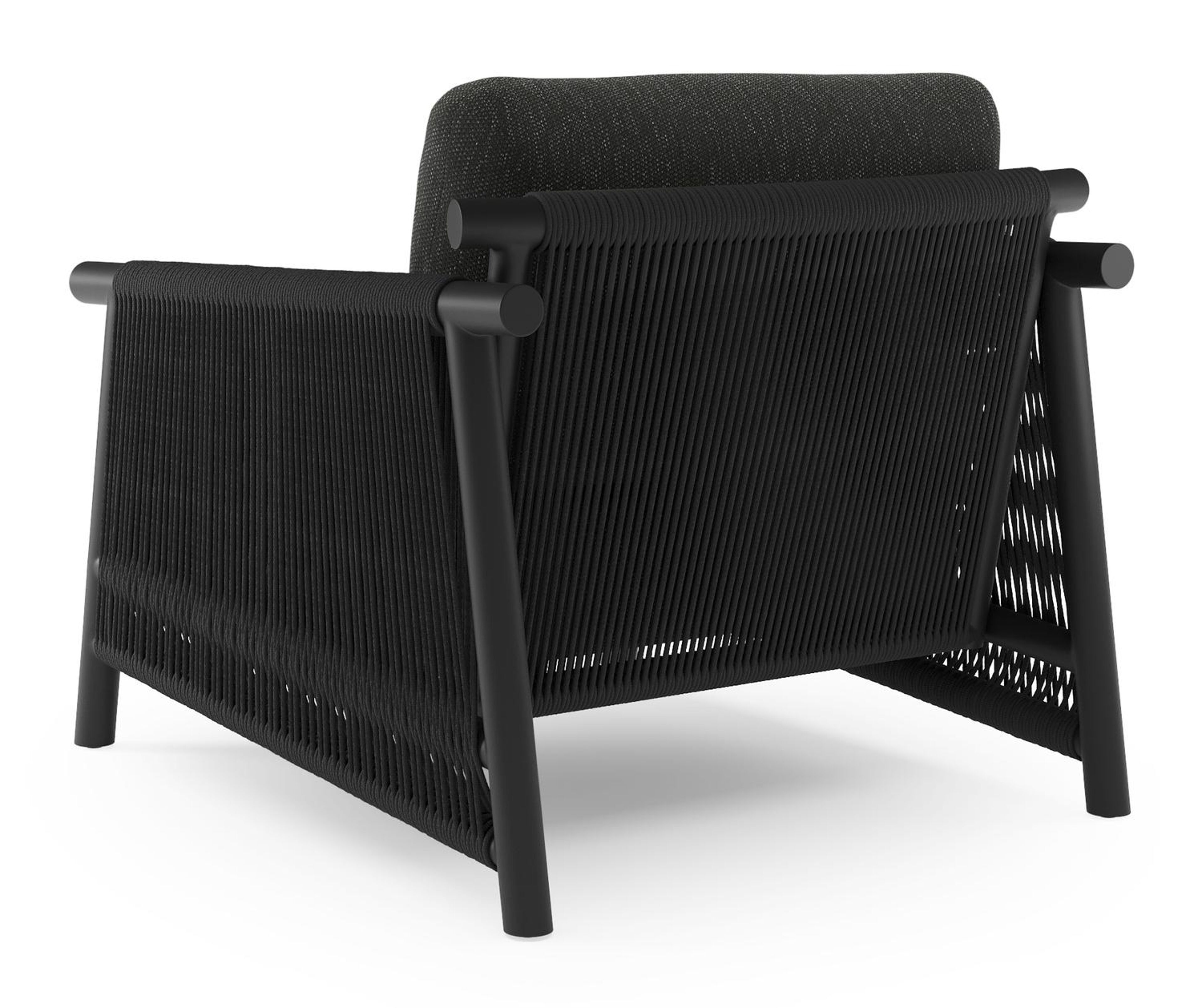 Set van 2 Erla loungestoelen in zwart aluminium en zwart verticaal geweven ronde rope met zwart weather+ softtouch kussens