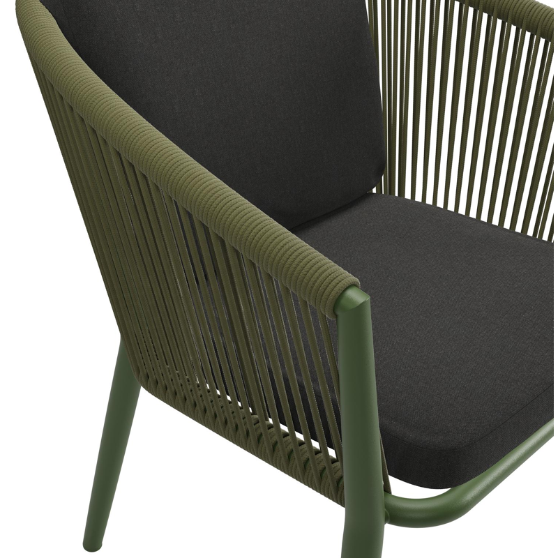 Chaise de jardin Orso en aluminium vert et corde ronde tissée verticalement vert avec coussin luxe en All Weather Sunbrella® Luxe Natte Sooty