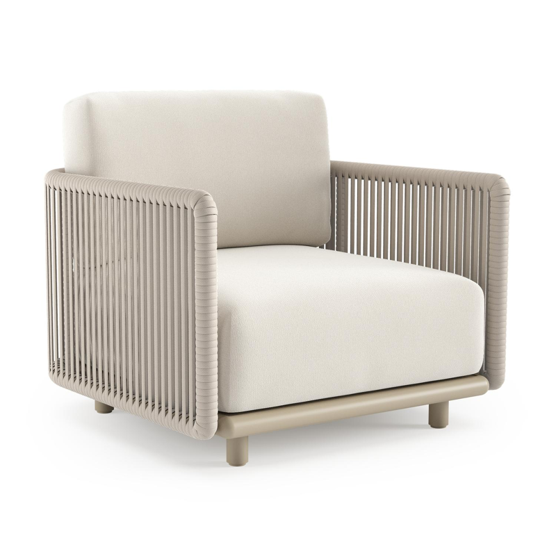 Organo loungestoel in beige aluminium en beige verticaal geweven luxe vlakke rope met savane white all weather Sunbrella® luxe kussen